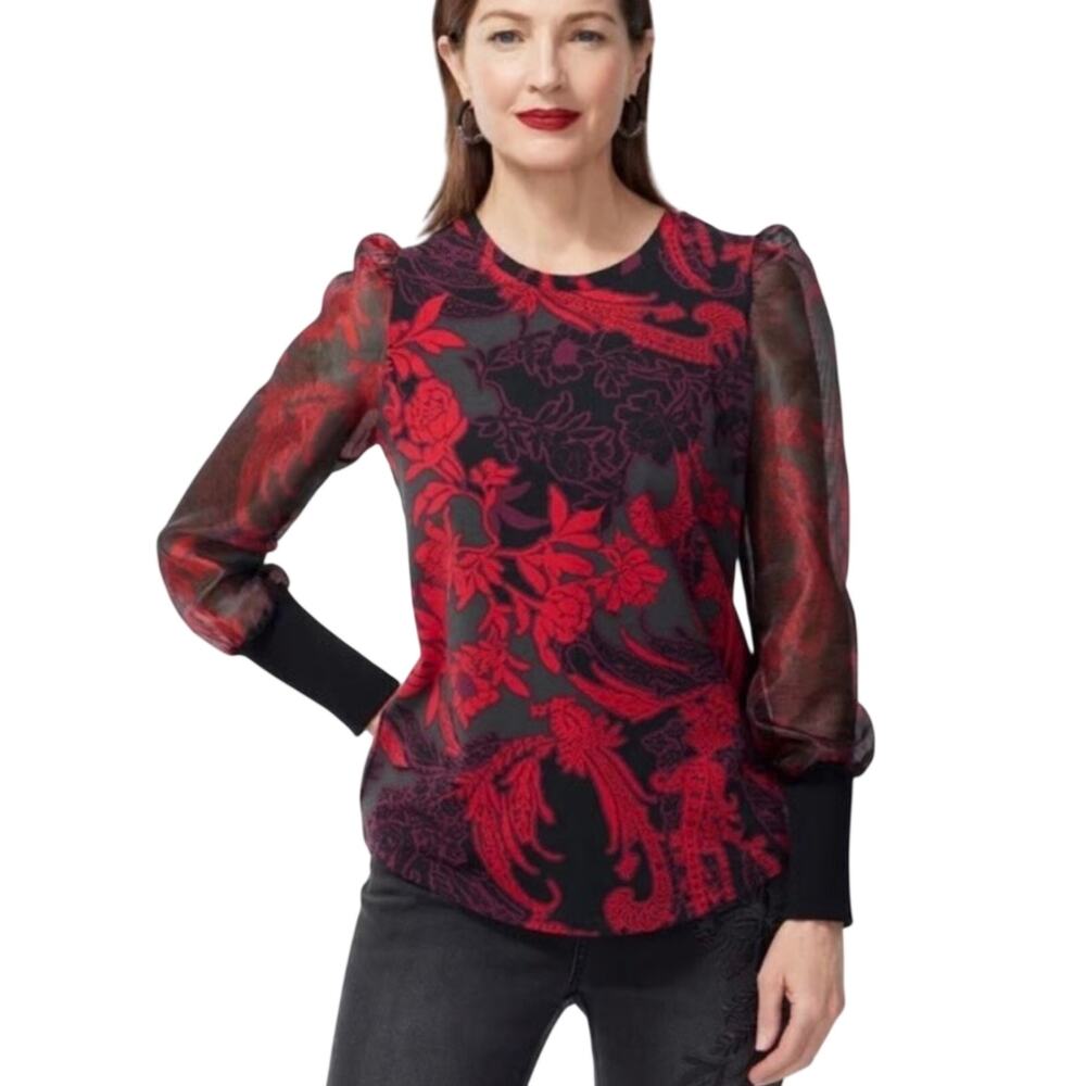 Chico's Women's Floral Organza Sleeve Blouse Top Bohemian Black Red Size 3/XL‎